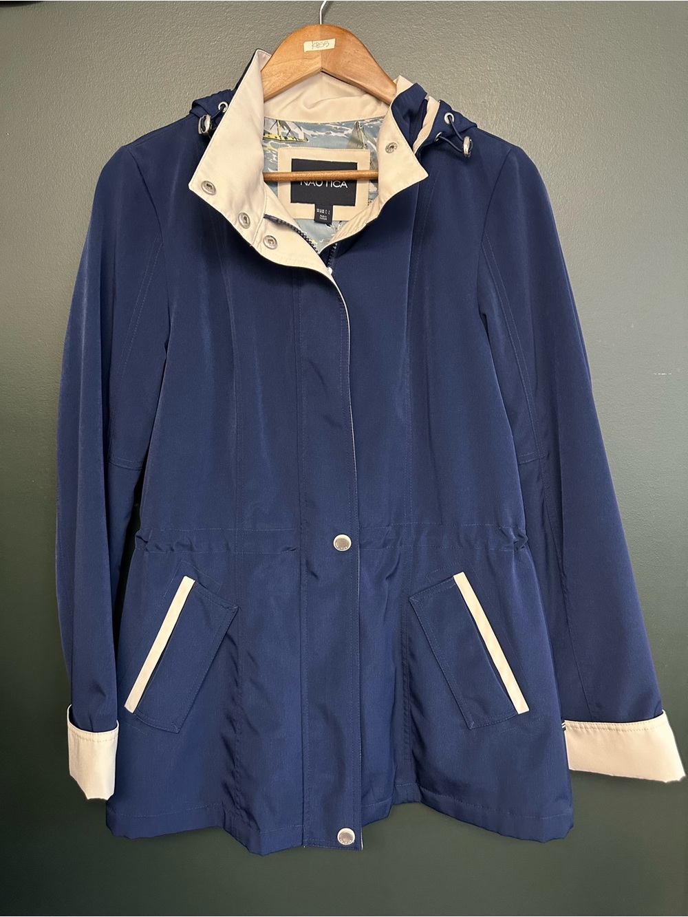 Nautica Navy Trench Coat with Cream Trim and Hood